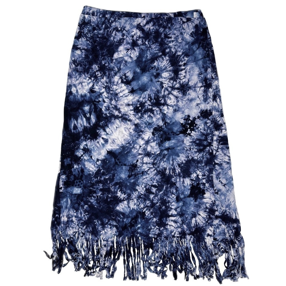 Fringed Tie-Dye Maxi Faux Wrap Skirt Boho Blue White Festival Coachella Large - Picture 5 of 11